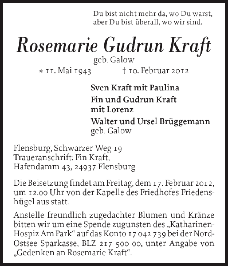  Traueranzeige für Rosemarie Gudrun Kraft vom 14.02.2012 aus Flensburger Tageblatt