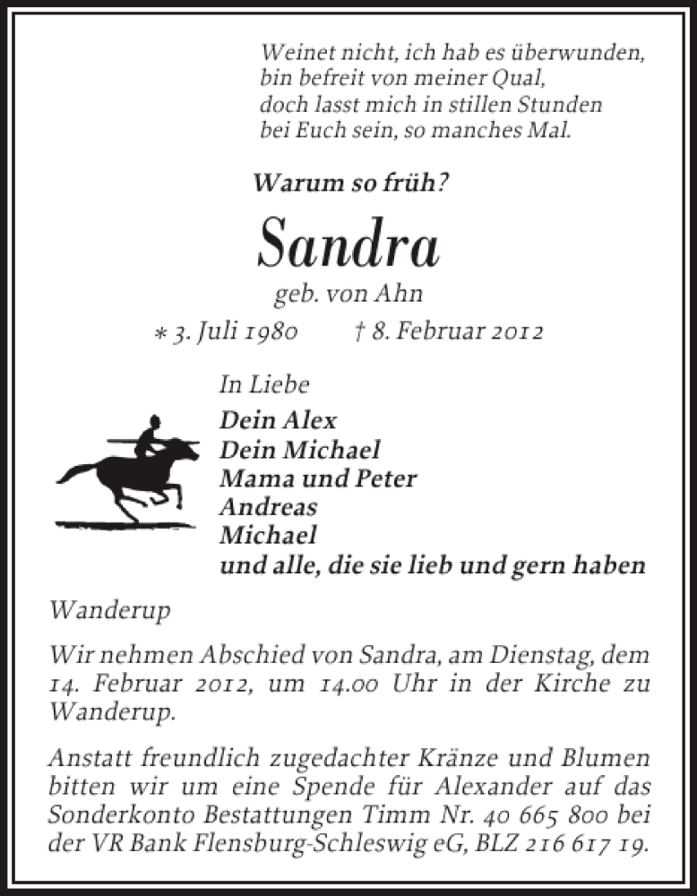  Traueranzeige für Sandra  vom 10.02.2012 aus Flensburger Tageblatt
