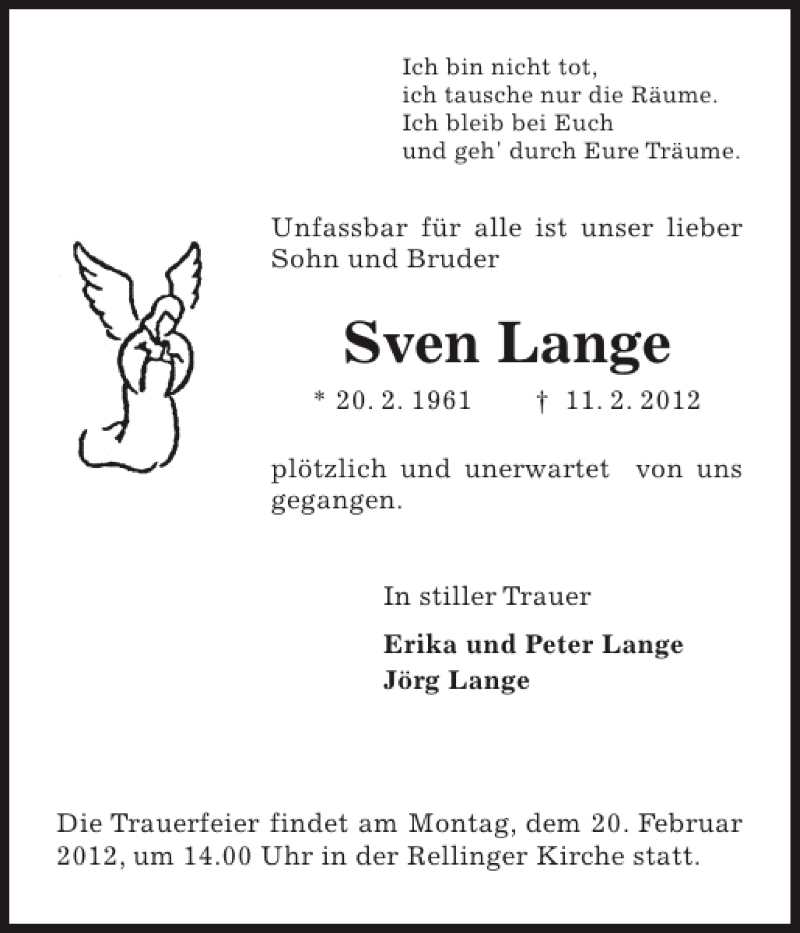  Traueranzeige für Sven Lange vom 15.02.2012 aus Pinneberger Tageblatt