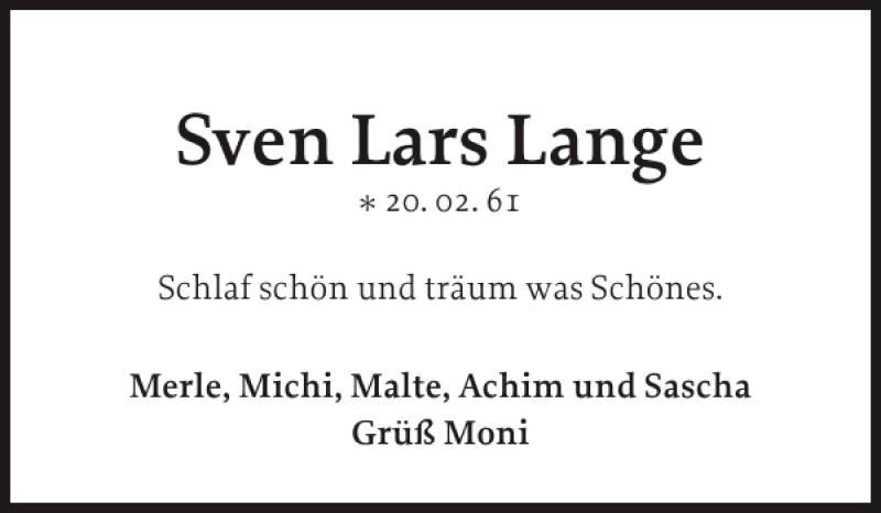  Traueranzeige für Sven Lars Lange vom 15.02.2012 aus Pinneberger Tageblatt