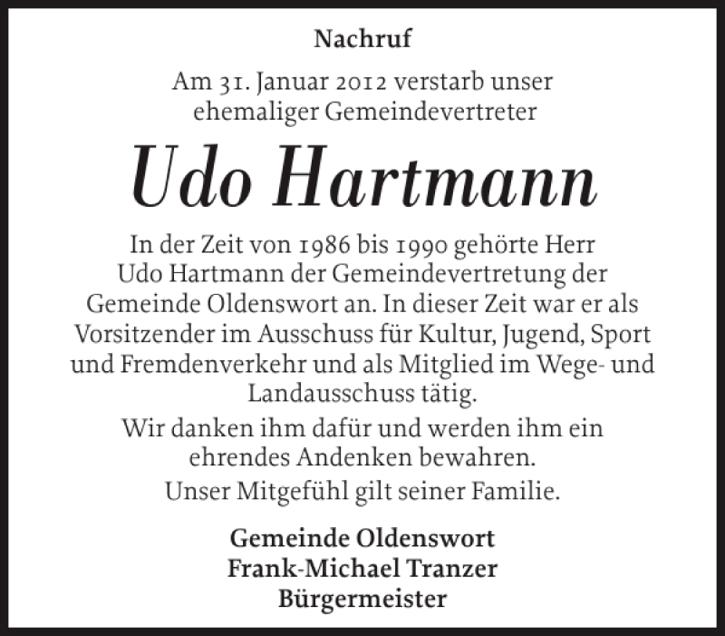  Traueranzeige für Udo Hartmann vom 06.02.2012 aus Husumer Nachrichten