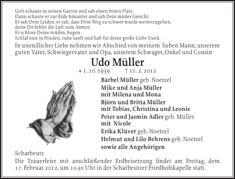  Traueranzeige für Udo Müller vom 15.02.2012 aus Flensburger Tageblatt