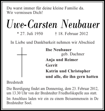 Traueranzeige von Uwe-Carsten Neubauer von Husumer Nachrichten