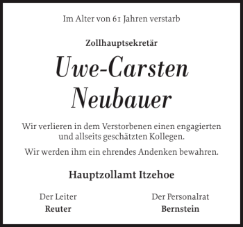 Traueranzeige von Uwe-Carsten Neubauer von Husumer Nachrichten