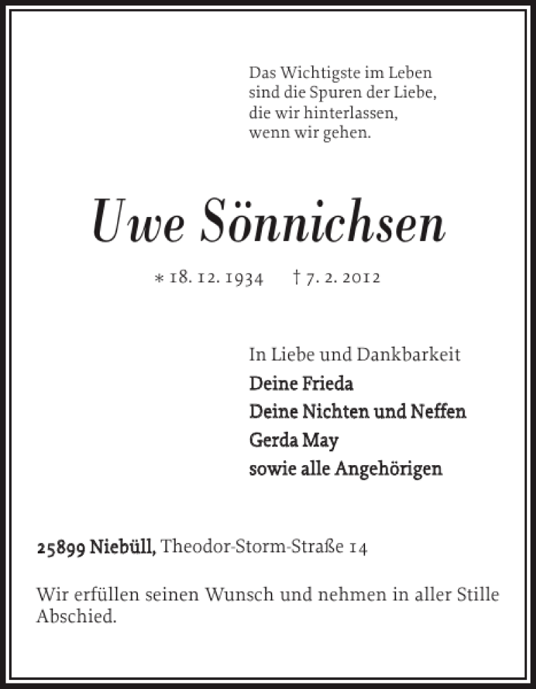  Traueranzeige für Uwe Sönnichsen vom 10.02.2012 aus Nordfriesland Tageblatt