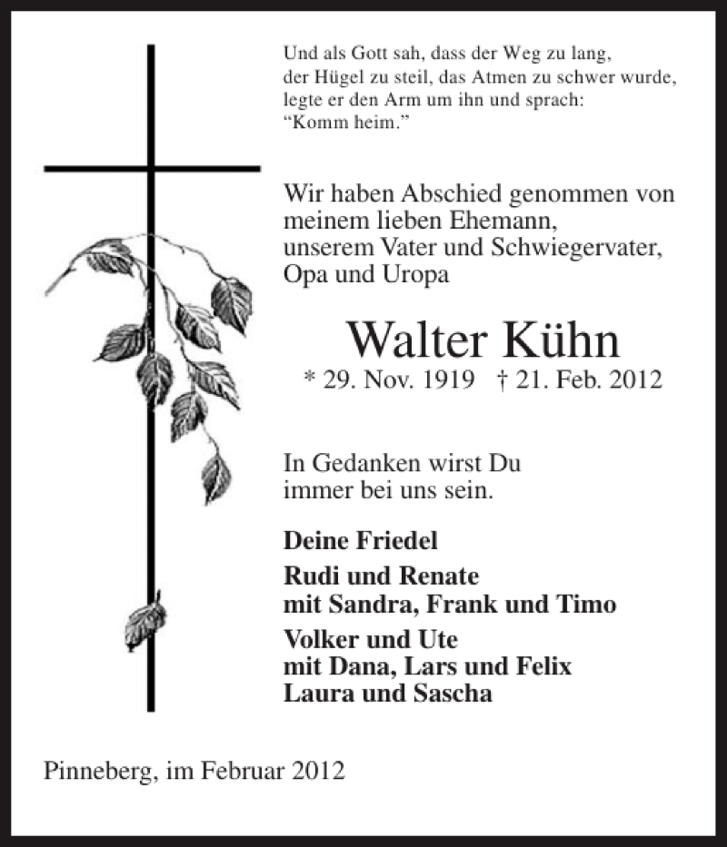  Traueranzeige für Walter Kühn vom 29.02.2012 aus Pinneberger Tageblatt