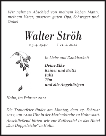 Traueranzeige von Walter Ströh von Landeszeitung