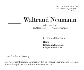 Traueranzeige von Waltraud Neumann von Elmshorner Nachrichten