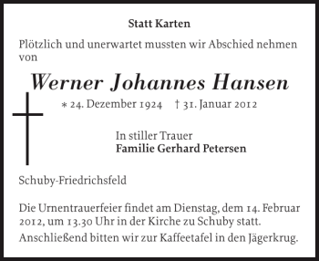 Traueranzeige von Werner Johannes Hansen von Landeszeitung