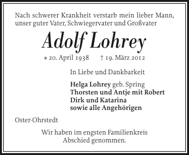  Traueranzeige für Adolf Lohrey vom 24.03.2012 aus Husumer Nachrichten