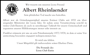 Traueranzeige von Albert Rheinlaender von Ostholsteiner Anzeiger