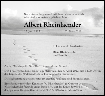 Traueranzeige von Albert Rheinlaender von Ostholsteiner Anzeiger