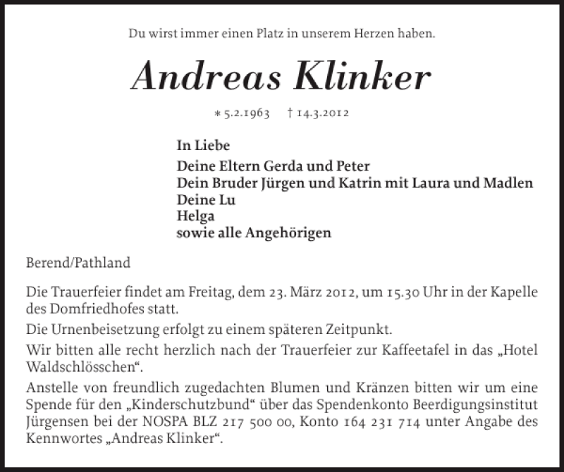  Traueranzeige für Andreas Klinker vom 21.03.2012 aus Schleswiger Nachrichten