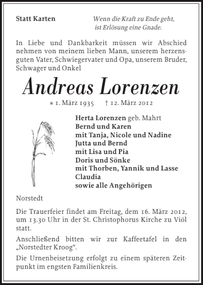  Traueranzeige für Andreas Lorenzen vom 14.03.2012 aus Flensburger Tageblatt