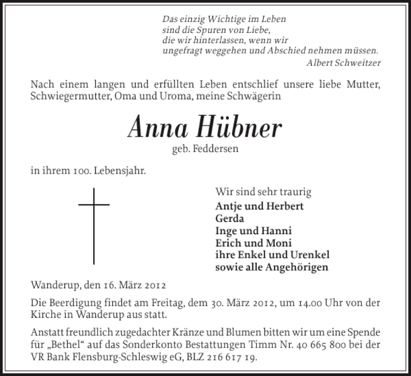  Traueranzeige für Anna Hübner vom 21.03.2012 aus Flensburger Tageblatt