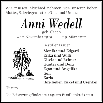 Traueranzeige von Anni Wedell von Husumer Nachrichten