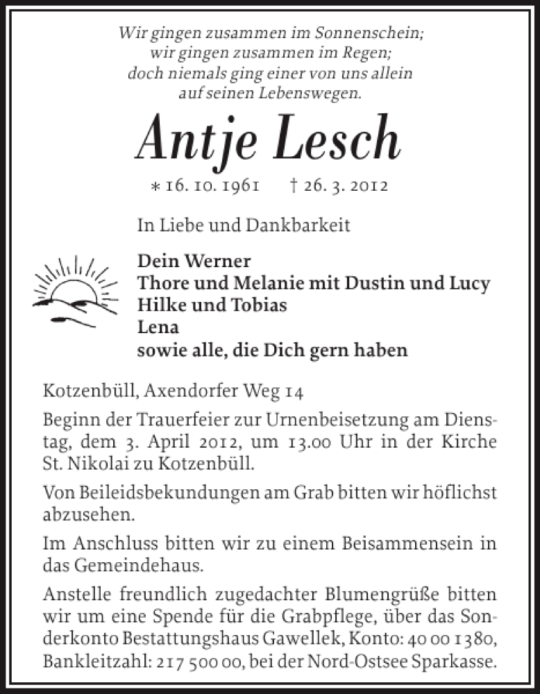  Traueranzeige für Antje Lesch vom 31.03.2012 aus Husumer Nachrichten