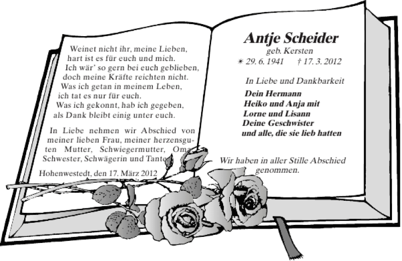  Traueranzeige für Antje Scheider vom 24.03.2012 aus Landeszeitung