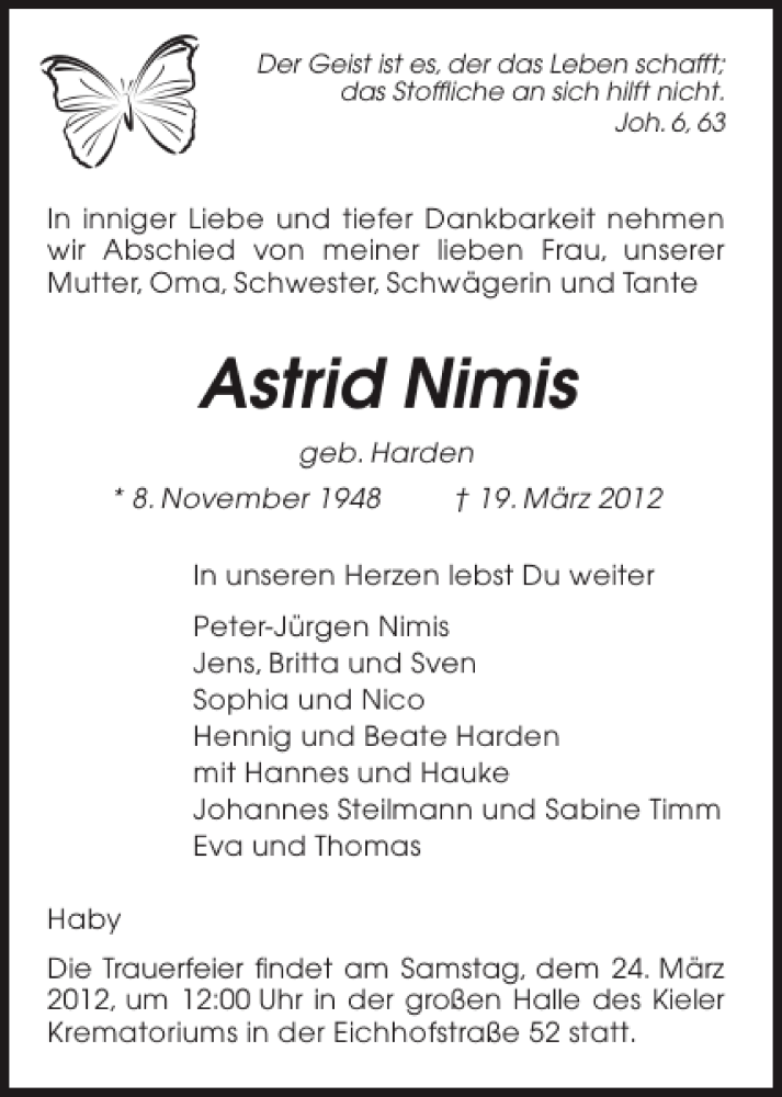  Traueranzeige für Astrid Nimis vom 22.03.2012 aus Eckernförder Zeitung