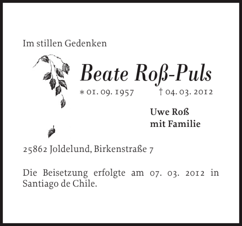  Traueranzeige für Beate Roß-Puls vom 10.03.2012 aus Flensburger Tageblatt