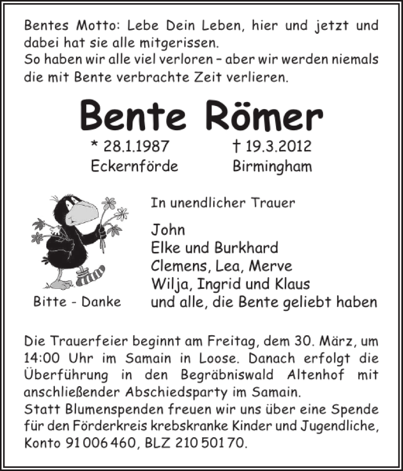  Traueranzeige für Bente Römer vom 24.03.2012 aus Eckernförder Zeitung