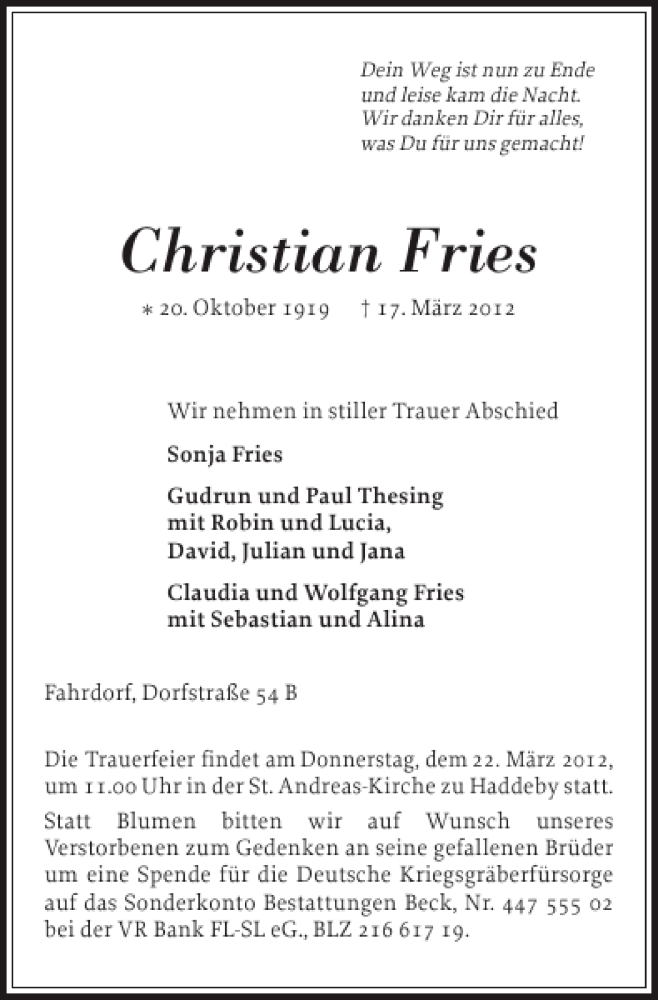  Traueranzeige für Christian Fries vom 20.03.2012 aus Flensburger Tageblatt