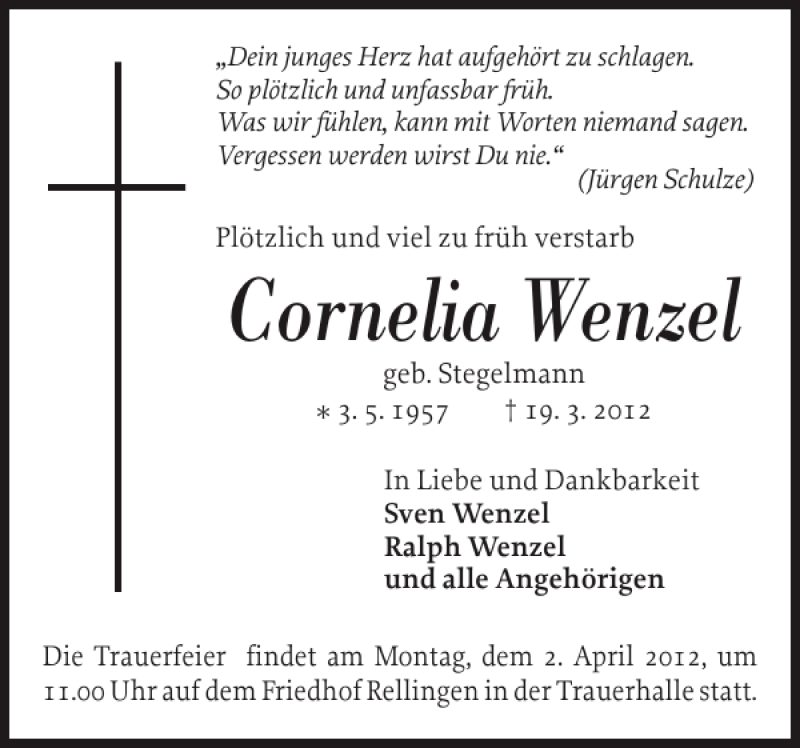 Traueranzeige für Cornelia Wenzel vom 28.03.2012 aus Pinneberger Tageblatt