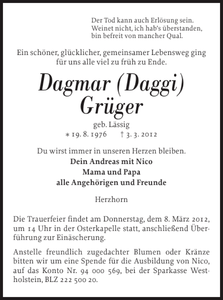  Traueranzeige für Dagmar (Daggi) Grüger vom 05.03.2012 aus Norddeutsche Rundschau