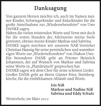 Traueranzeige von Danksagung  von Flensburger Tageblatt