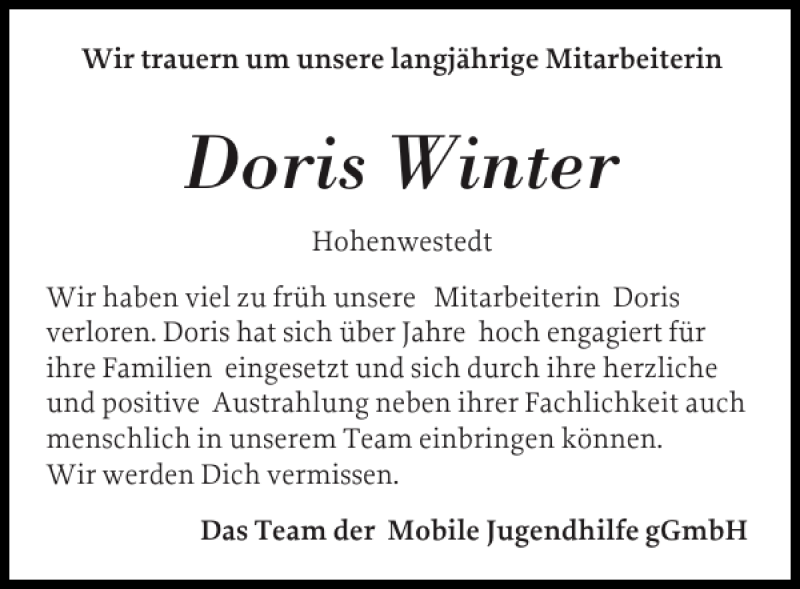  Traueranzeige für Doris Winter vom 09.03.2012 aus Landeszeitung