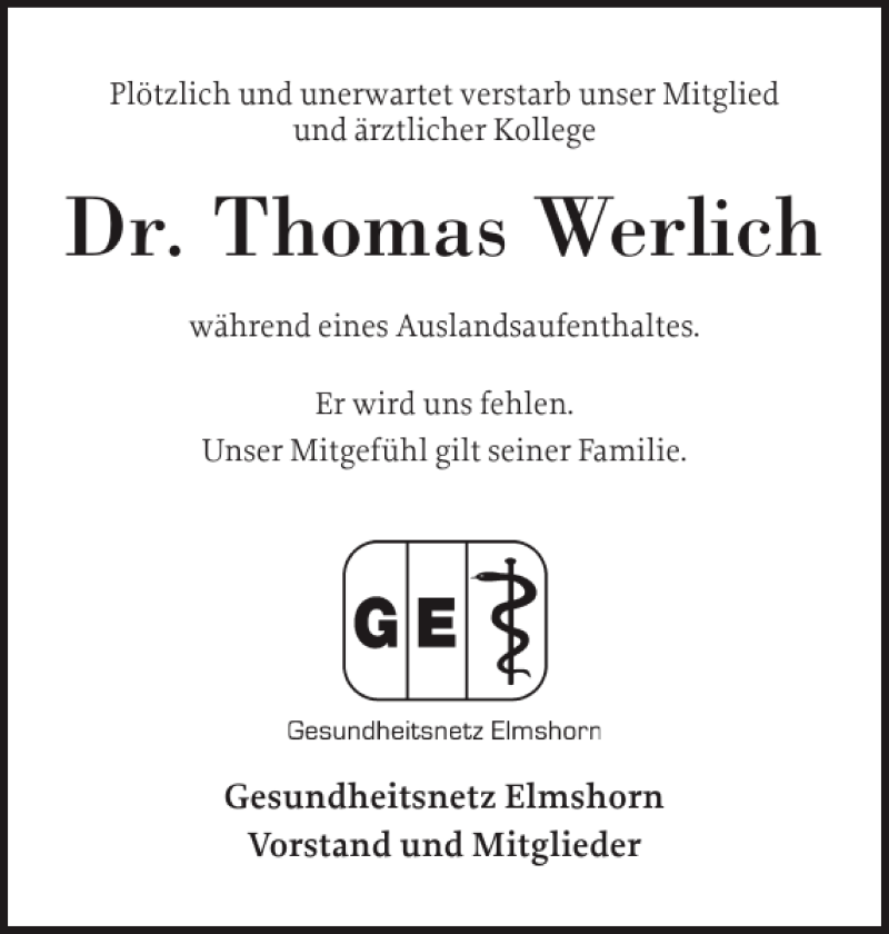  Traueranzeige für Dr. Thomas Werlich vom 24.03.2012 aus Elmshorner Nachrichten