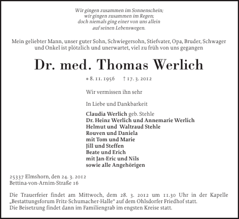  Traueranzeige für Dr. med. Thomas Werlich vom 24.03.2012 aus Elmshorner Nachrichten