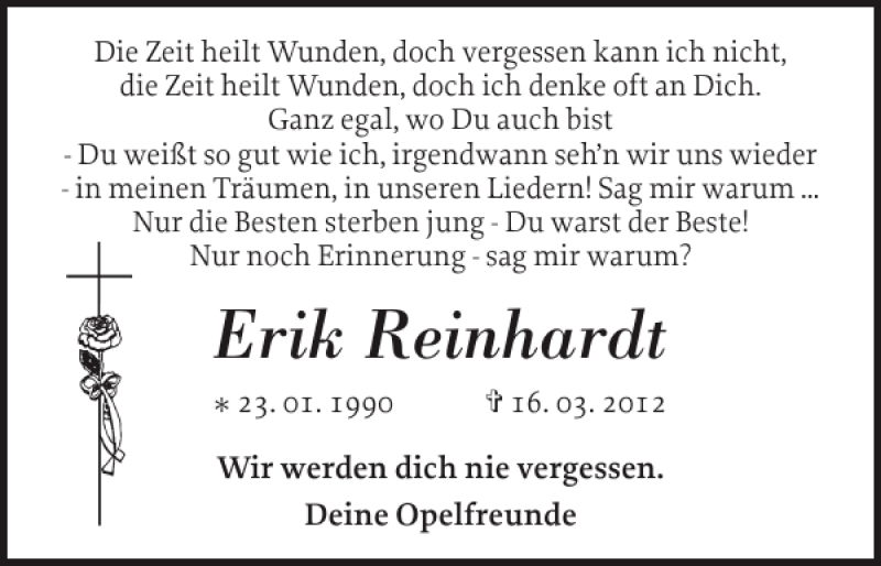  Traueranzeige für Erik Reinhardt vom 22.03.2012 aus Schleswiger Nachrichten
