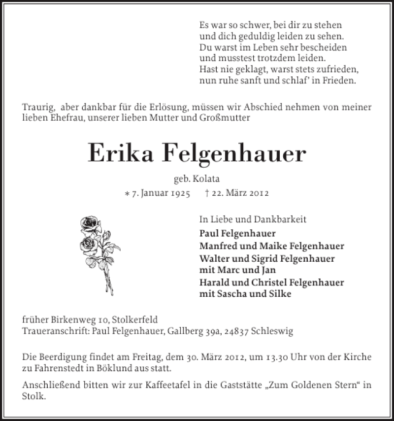  Traueranzeige für Erika Felgenhauer vom 26.03.2012 aus Schleswiger Nachrichten