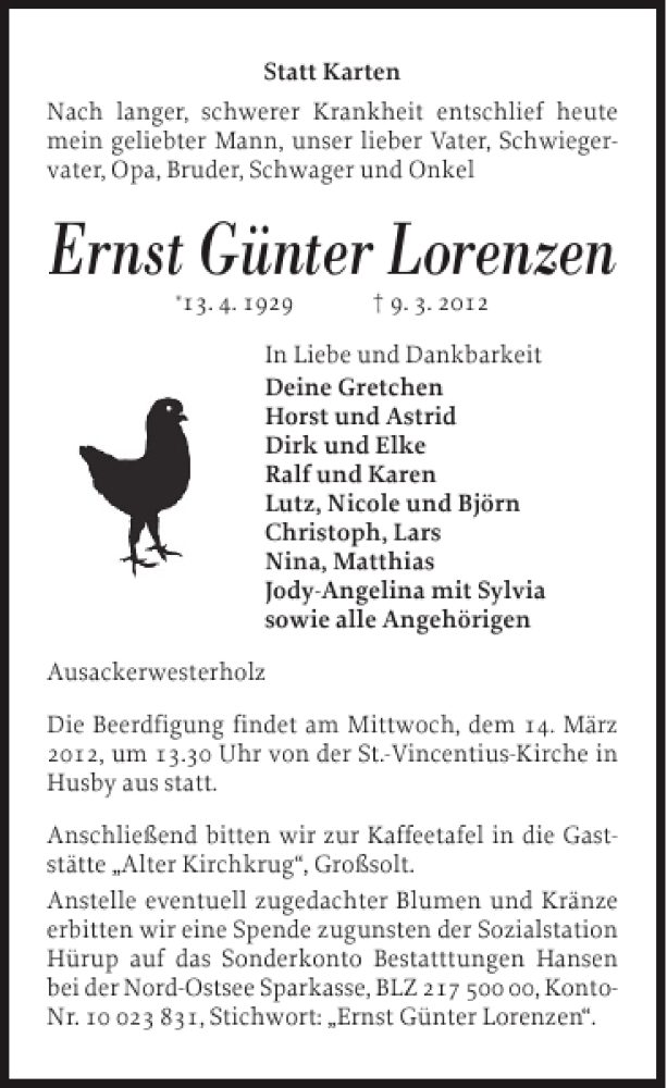  Traueranzeige für Ernst Günter Lorenzen vom 12.03.2012 aus Flensburger Tageblatt