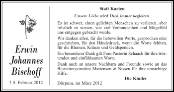 Traueranzeige von Erwin Johannes Bischoff von Husumer Nachrichten