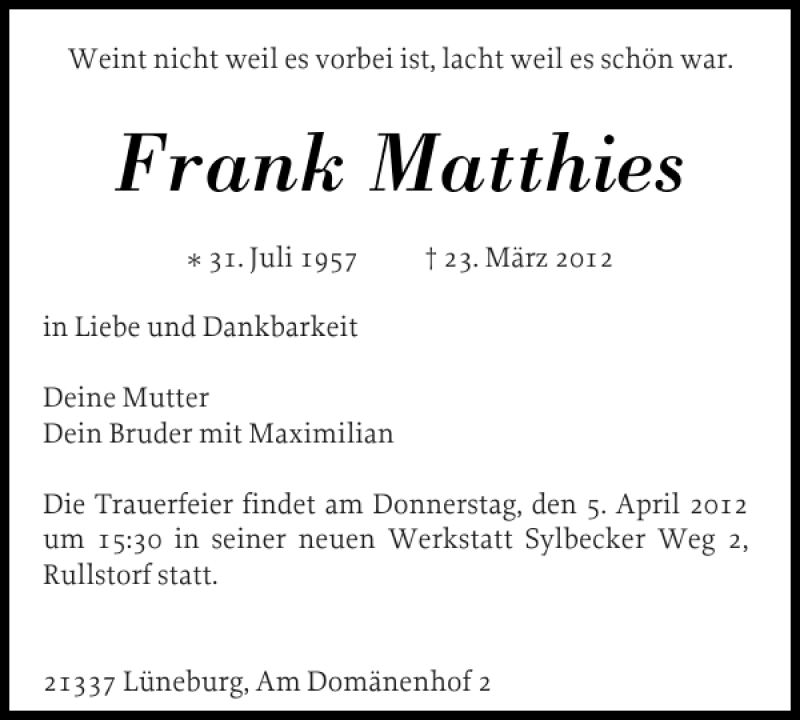  Traueranzeige für Frank Matthies vom 31.03.2012 aus Ostholsteiner Anzeiger