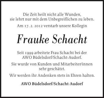 Traueranzeige von Frauke Schacht von Landeszeitung