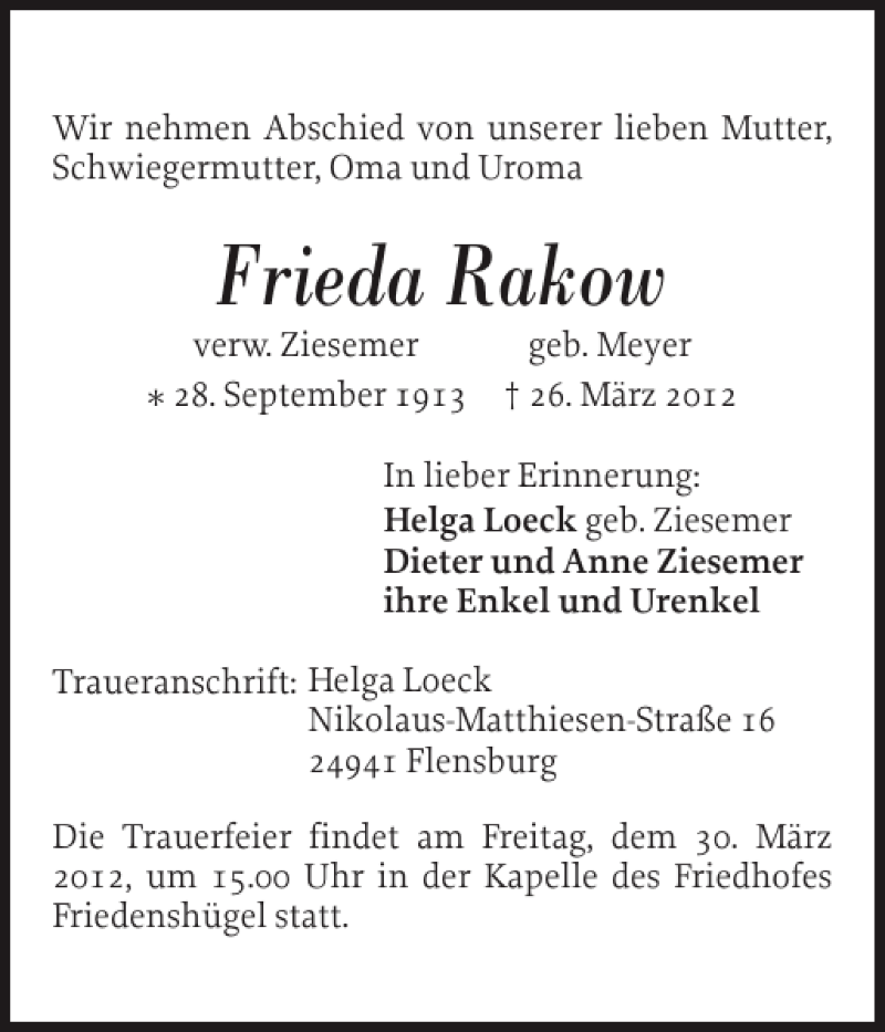  Traueranzeige für Frieda Rakow vom 28.03.2012 aus Flensburger Tageblatt
