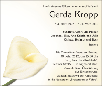 Traueranzeige von Gerda Kropp von Norddeutsche Rundschau