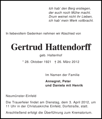 Traueranzeige von Gertrud Hattendorff von Holsteinischer Courier