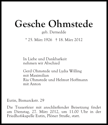 Traueranzeige von Gesche Ohmstede von Ostholsteiner Anzeiger