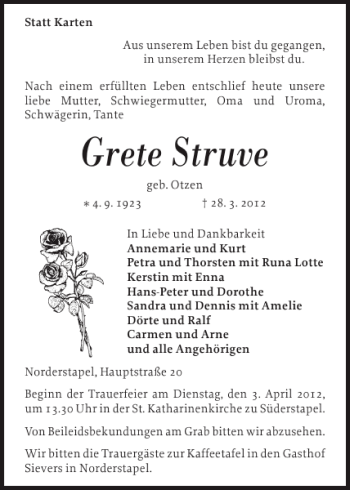 Traueranzeige von Grete Struve von Husumer Nachrichten