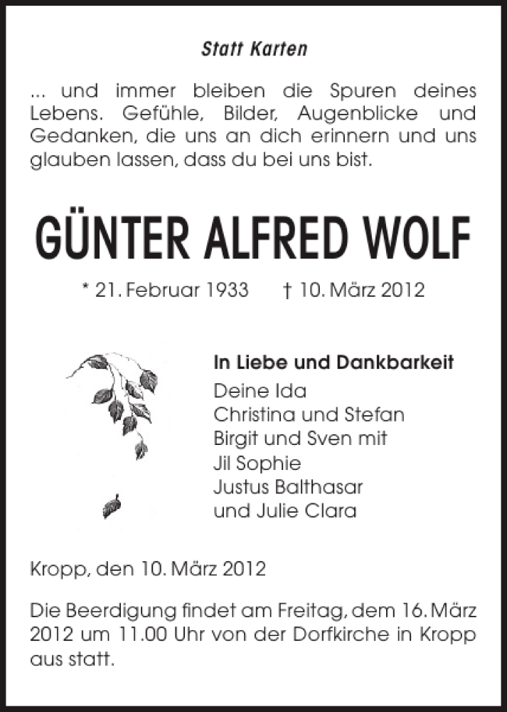  Traueranzeige für GÜNTER ALFRED WOLF vom 14.03.2012 aus Landeszeitung