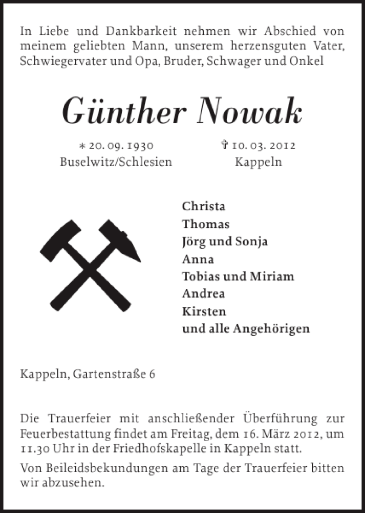  Traueranzeige für Günther Nowak vom 13.03.2012 aus Schlei-Bote