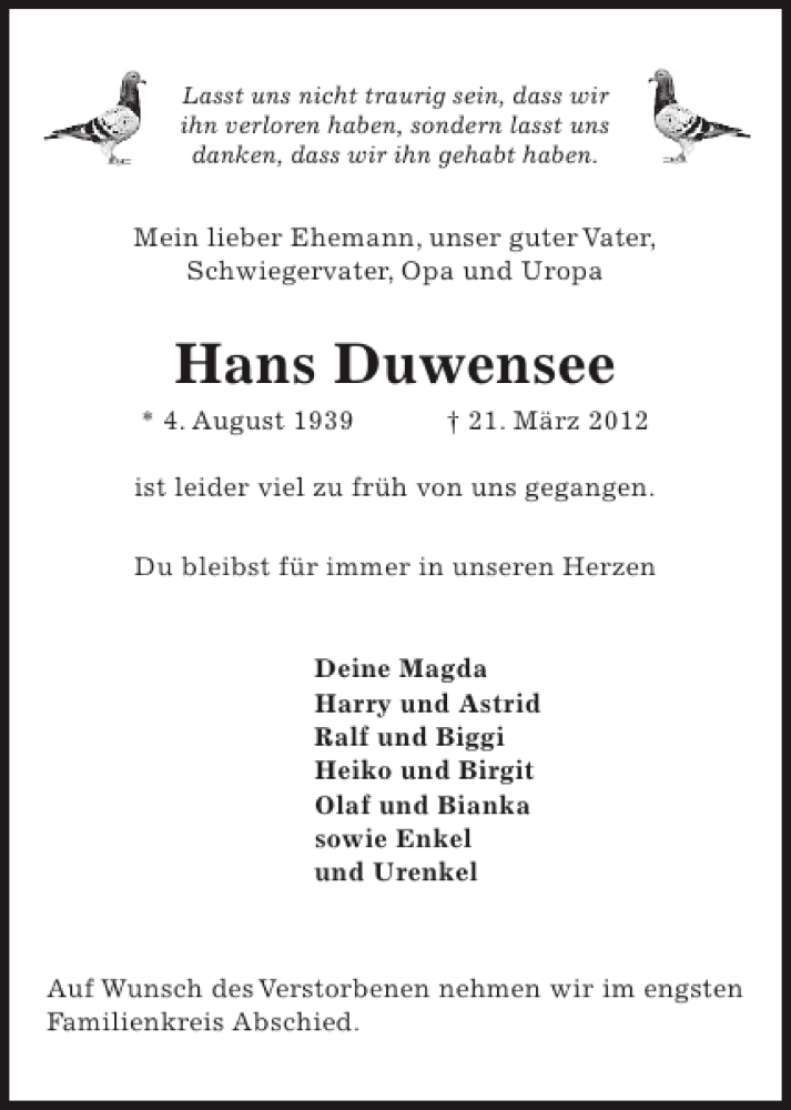  Traueranzeige für Hans Duwensee vom 31.03.2012 aus Pinneberger Tageblatt