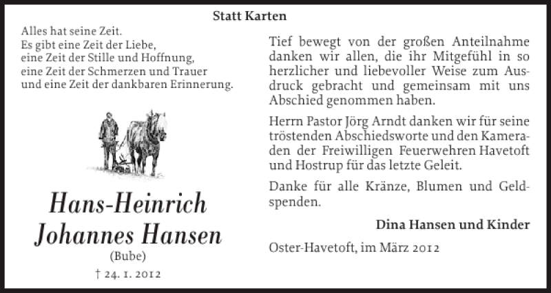  Traueranzeige für Hans-Heinrich Johannes Hansen vom 10.03.2012 aus Flensburger Tageblatt