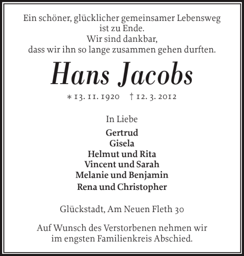  Traueranzeige für Hans Jacobs vom 15.03.2012 aus Norddeutsche Rundschau