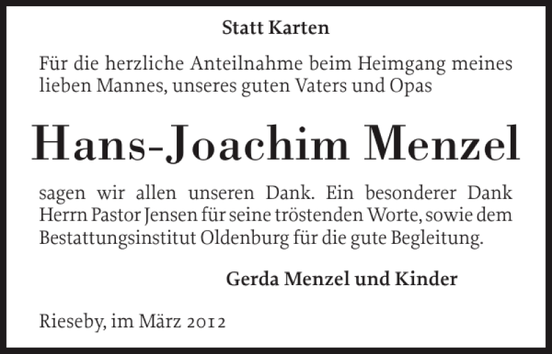  Traueranzeige für Hans-Joachim Menzel vom 31.03.2012 aus Eckernförder Zeitung