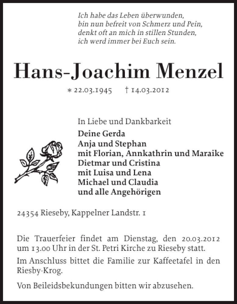  Traueranzeige für Hans-Joachim Menzel vom 17.03.2012 aus Eckernförder Zeitung